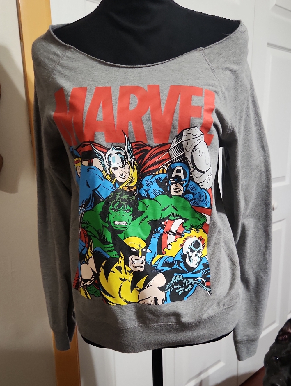 Marvel Women's Grey Off-Shoulder Sweatshirt with Multicolor Avengers Print